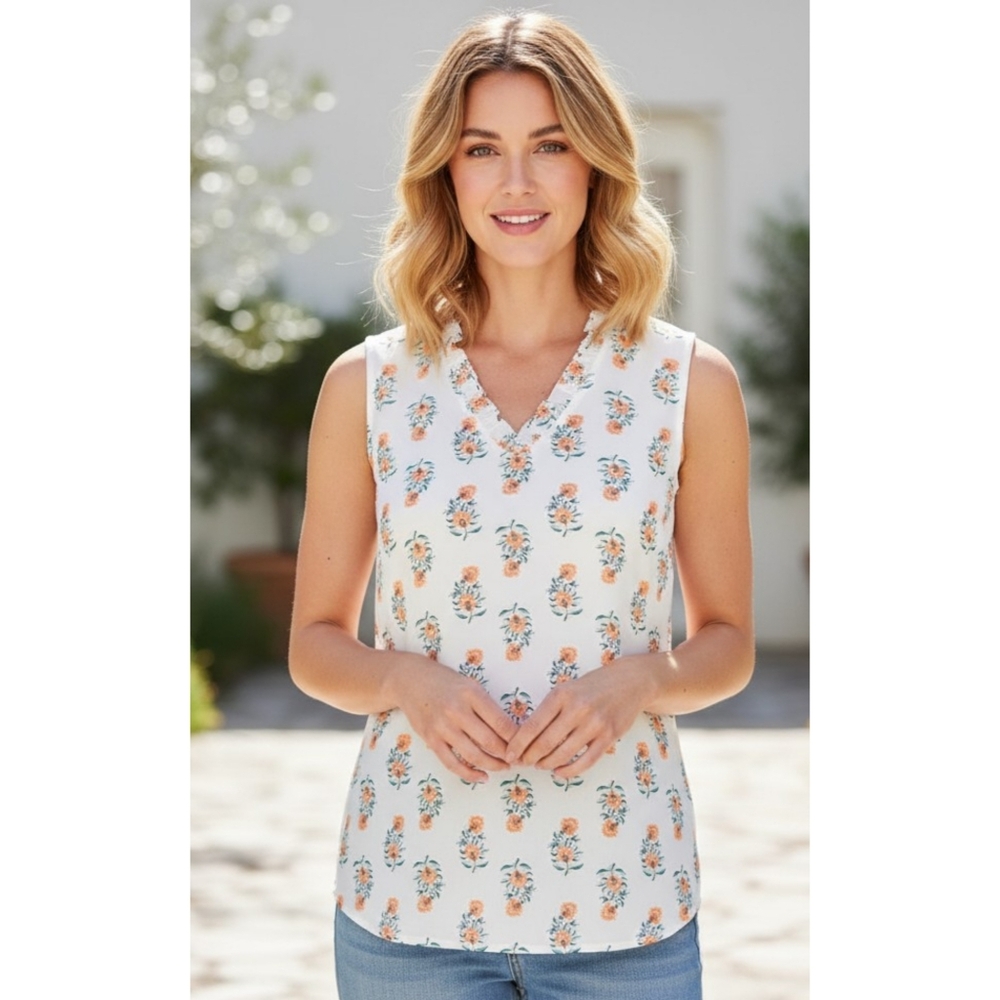Ann Taylor Factory Sleeveless Floral Blouse White Size XS